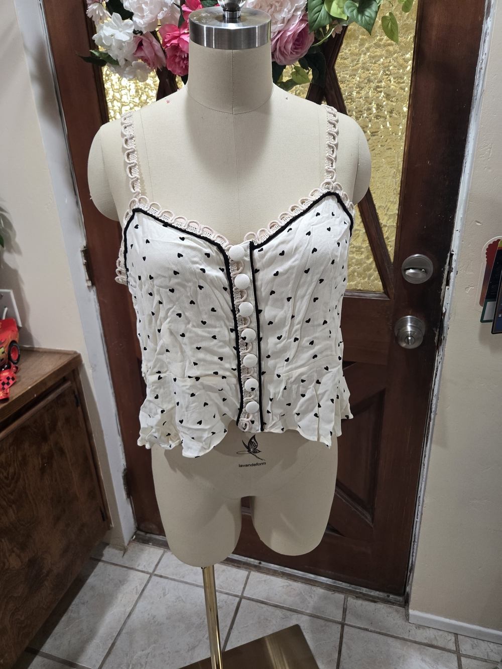 Free People White Heart-Print Ruffle Button Cami